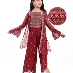 Pine KidsWovenTop and Palazzo with Full Sleeves Sequin Detailing Shrug - Maroon-image-53