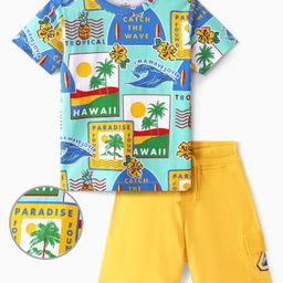 OLLINGTON ST. Cotton Half Sleeves Beach Theme Printed T-Shirt & Shorts Set - Multicolor & Yellow-image-44