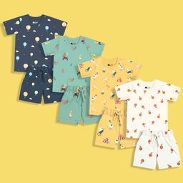Orange Sugar 100% Cotton Knit Pack Of 4 Half Sleeves Hot Air Balloon & Animals Printed Coordinating Tees & Shorts Set - Multi Colour-picture-17
