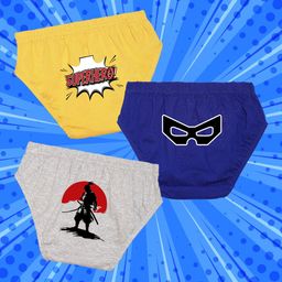 NUSYL Cotton Pack Of 3 Superhero Text Printed Briefs - Yellow Royal Blue & Grey-image-59