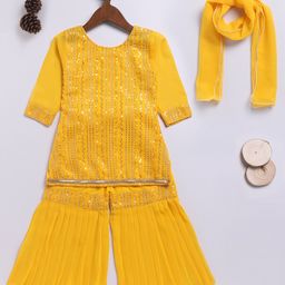 JBN Creation Georgette Three Fourth Sleeves Threadwork Embroidered Sequins & Lace Embellished Kurta Sharara With Dupatta Set - Yellow-picture-10