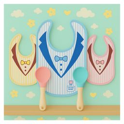 KIDS BASIC Premium Silicone 2 SpoonsWith Plastic Handle & 3 Snap Button Tie Printed Bibs - Pink, Green & Multicolor (Pack of 5)-picture-6
