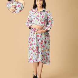 The Mom Store Cotton Three Fourth Sleeves Floral Printed Maternity Dress With Nursing Access - Multi Colour-image-45