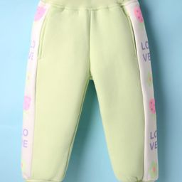 Little Kangaroos Fleece & Wollen Knit Full Length Cut & Sew Bottom Wear With Floral Print - Light Green & White-image-94