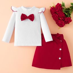 Mark & Mia Full Sleeves Top Skirt & Belt Set With Bow Applique & Frill Detailing - Red & White-picture-18