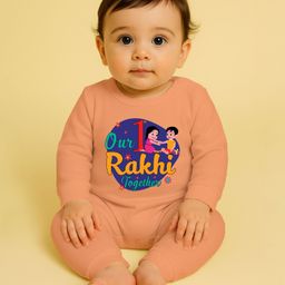 The Peppy Tend 100% Cotton Knit Rakshabandhan Theme Full Sleeves Our 1st Rakhi Together Text Printed Romper - Peach-image-68