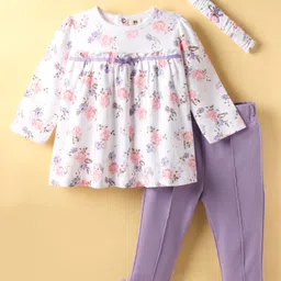 ToffyHouse Interlock Knit Full Sleeves Top & Legging Set With Floral Print & Headband - White & Lilac-picture-12