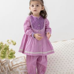 Tiber Taber Cotton Lurex Woven Three Fourth Sleeves Foil Striped & Gota Lace Embellished Kurti Salwar Set - Purple-image-58