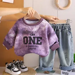 Googo Gaaga Cotton Knit Full Sleeves Typography Printed Light Winter Tie Dye Sweatshirt With Jeans Set - Purple-picture-43
