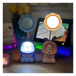 WISHKEY 3-in-1 LED Desk Lamp with Pencil Sharpener and Pen Holder, Flower Shaped, Rabbit Theme, Dual Light Mode Rechargeable Study Desk Lamp, 360 Flexible Hose Table Lamp for Kids, Pink (Pack of 1) image 2