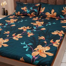 Adwitiya Blue & Orange Floral 210 TC Queen Bedsheet with 2 Pillow Covers-image-11