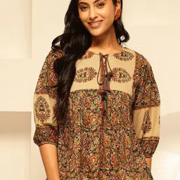 KALINI Floral Print Keyhole Neck Puff Sleeve Cotton Peplum Top-image-67