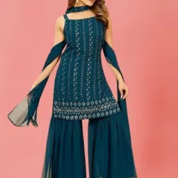 PARROT CREATION Embroidered Straight Sequinned Kurti With Sharara And Dupatta-5