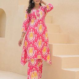 Autumnlane Pink Basuri Rose Print Regular Fit Kurta Pant Set-image-3