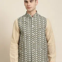 SOJANYA Olive Green Comfort Fit Embroidered Nehru Jacket-24