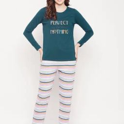 Madame M Secret Teal Blue & Grey Cotton Printed Night Suit-image-89