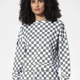 Only White & Grey Cotton Checks Crop Sweatshirt-image-4