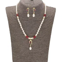Sri Jagdamba Pearls Cherished Symbol Red & Pearl White Necklace and Earring Set-47