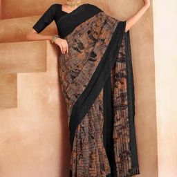 Satrani Brown & Black Embellished Saree With Unstitched Blouse-image-68