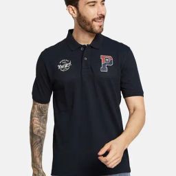 Octave Navy Cotton Regular Fit Printed Polo T-Shirt-image-43