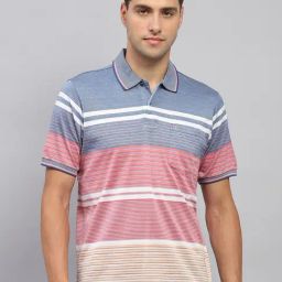 Monte Carlo Pink & Blue Regular Fit Striped Polo T-Shirt-image-81