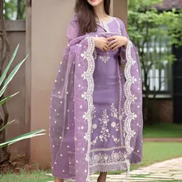 GoSriKi Floral Embroidered Thread Work Straight Kurta with Trousers & Dupatta-picture-28