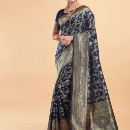 Satrani Navy Blue Silk Woven Saree With Unstitched Blouse-image-84