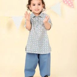 Fabindia Infant Boys Blue Cotton Hand Block Printed 2Pc Kurta Set-image-80