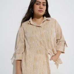 Gia by Westside Mustard Striped Cotton Shirt-image-43