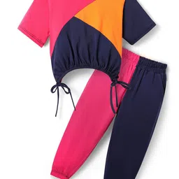 CrayonFlakes Girls Colourblocked Short Sleeves Pure Cotton Top With Joggers-picture-17