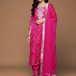 House of Pataudi Leheriya Printed With Zari Work Straight Kurta With Trouser & Dupatta-picture-16