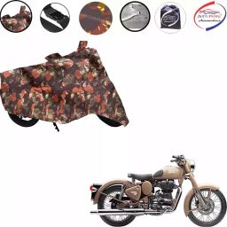 Auto Pearl Polyester Two Wheeler Cover for Royal Enfield Classic Desert Storm,(Jungle Print)-image-0