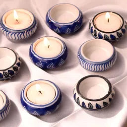 Indianshelf Cream-Coloured & Blue Candle Holder-40