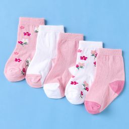 Cute Walk by Babyhug Non Terry Cotton Knit Ankle Length Anti Bacterial Socks Floral Design Pack of 5 - Pink & White-picture-40