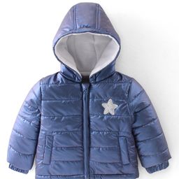 Babyhug Full Sleeves Star Patch Padded Hooded Jacket - Blue-picture-26