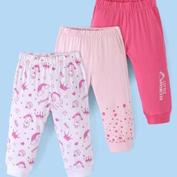 Doodle Poodle 100% Cotton Full Length Lounge Pant Princess Print Pack of 3 - Pink & White-picture-0