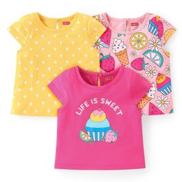 Babyhug Cotton Knit A-Line Cap Sleeves Tops With Polka Dots & Cupcake Graphics Pack of 3 - Pink & Yellow-image-65