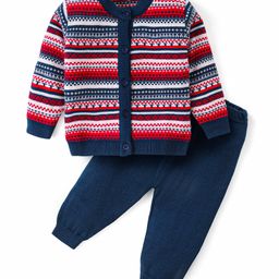 Babyhug Knit Full Sleeves Front Open Sweater Set with Aztec Design - Red & Navy Blue-image-63