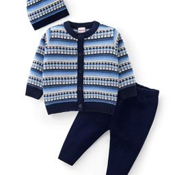Babyhug Knit Full Sleeves Front Open Sweater Set with Aztec Design & Cap - Navy Blue-picture-4