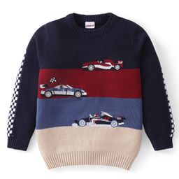 Babyhug Knitted Full Sleeves Pullover Sweater With Colour Block Design & Cars Embroidery - Navy Blue & Red-image-17