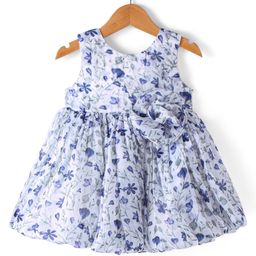 Babyhug Woven Sleeveless Party Frock with Floral Print & Applique -White-picture-7
