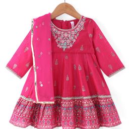 Babyhug Woven  Three Fourth  Sleeves Full Length Foil Printed Ehtnic Dress with Net Dupatta Embroidery & Sequenced Detailing  - Fuschia-image-36
