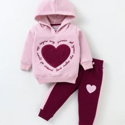 Liittle Darlings Fleece Knit Full Sleeves Hooded Winter Wear Suit With Heart Embroidery - Pink-image-48