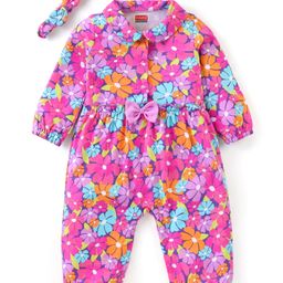 Babyhug 100% Cotton Interlock Full Sleeves Floral Printed Romper with Hairband & Bow Applique - Dark Pink-image-78