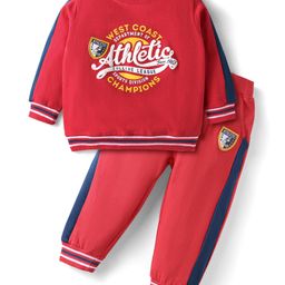 Babyhug Terry Knit Full Sleeves Text Printed T-Shirt & Joggers Set - Red & Blue-image-45