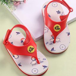 Babyoye Flip Flops with Velcro Closure & Sea Life Print - Red-image-40