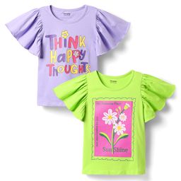 Honeyhap 100% Premium Cotton Bio Finish Flutter Sleeves Tops with Floral & Text Print Pack of 2 - Mint & Fandango Pink-image-44