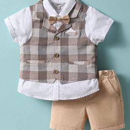ToffyHouse Cotton Woven Half Sleeves Checkered 3 Piece Party Suit with Bow - Beige & White-image-29
