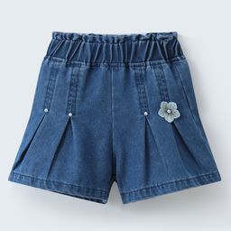 Mark & Mia Cotton Pleated Shorts with Floral Embroidery & Pearl Detailing - Blue-image-1