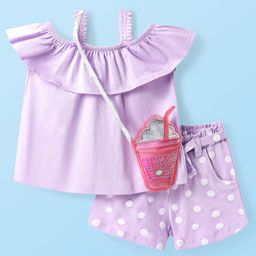 Babyhug Single Jersey Knit Sleeveless Top & Shorts Set with Polka Dots Print & Sling - Lilac-image-17